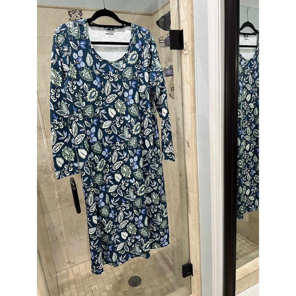 Lands End Teal Floral Midi Dress XL New Long Sleeve Scoop Neck Supima Cotton